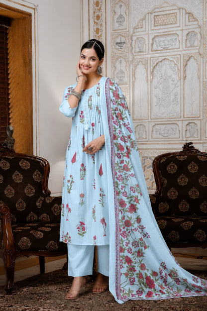 Sky Blue Floral Printed Cotton Kurta Set with Pant and Matching Dupatta