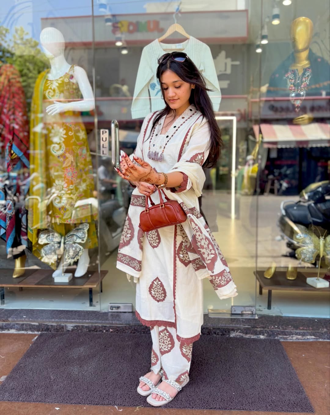 Chic Off-White and Brown Floral Block Print Kurta Set