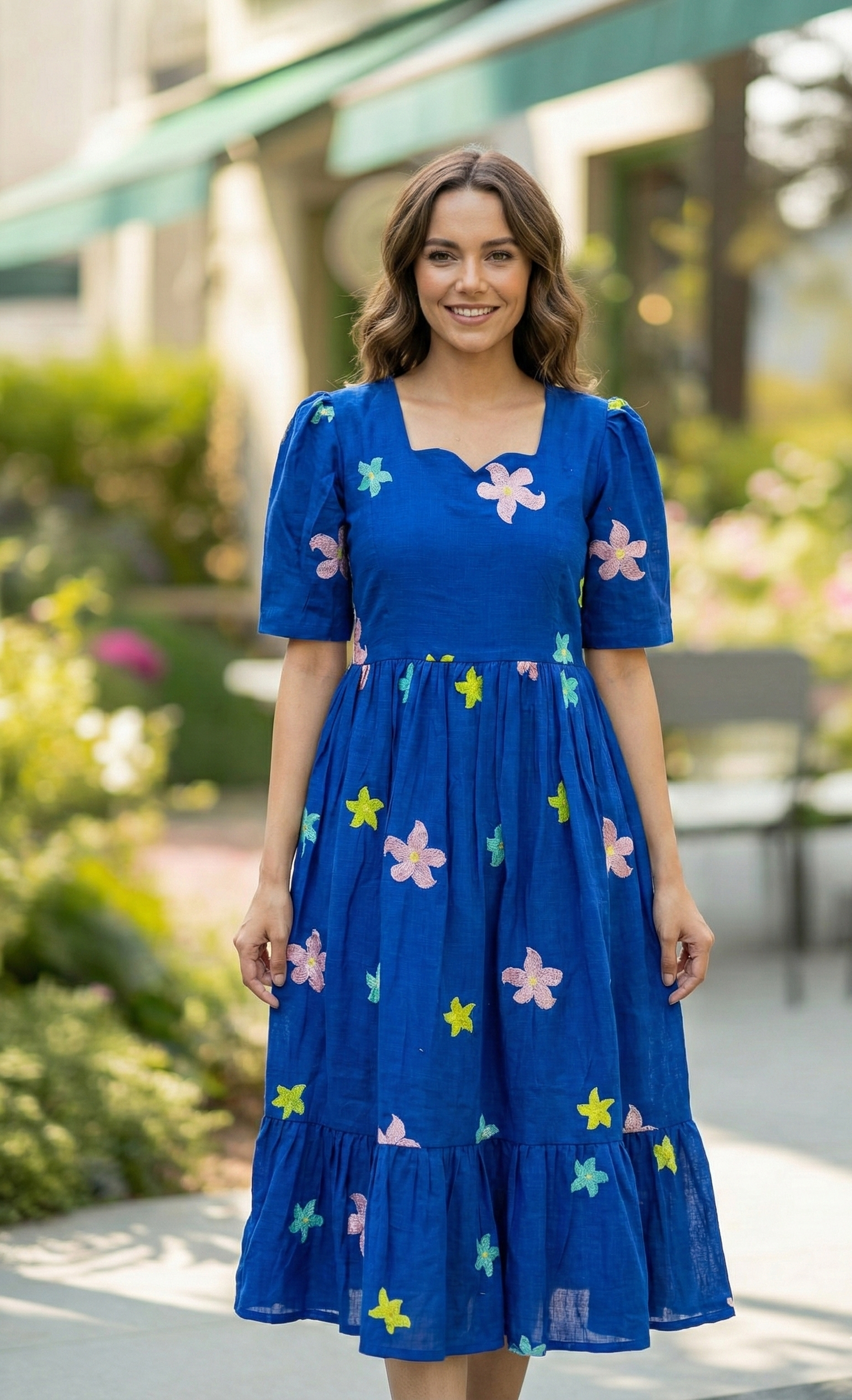 Vibrant Blue Star & Flower Embroidered Tiered Maxi Dress with Puff Sleeves