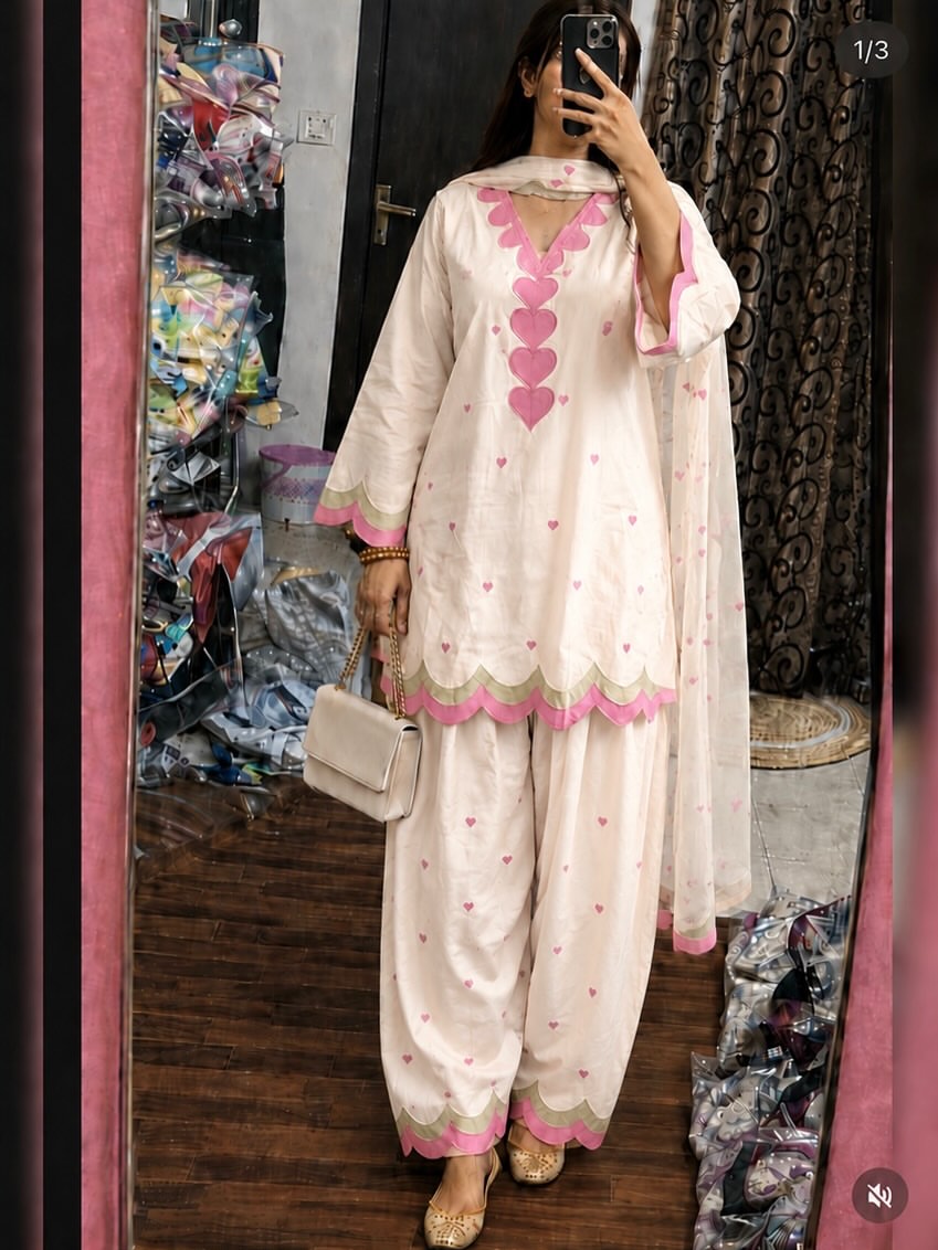 Off-White & Baby Pink Embroidered Salwar Suit Set with Scallop Borders