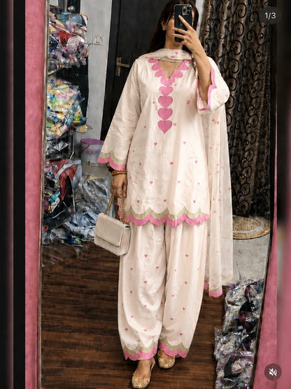 Off-White & Baby Pink Embroidered Salwar Suit Set with Scallop Borders