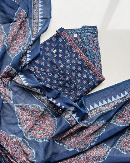 Navy Blue Bandhani & Ethnic Printed Kurta Set with Trousers and Dupatta