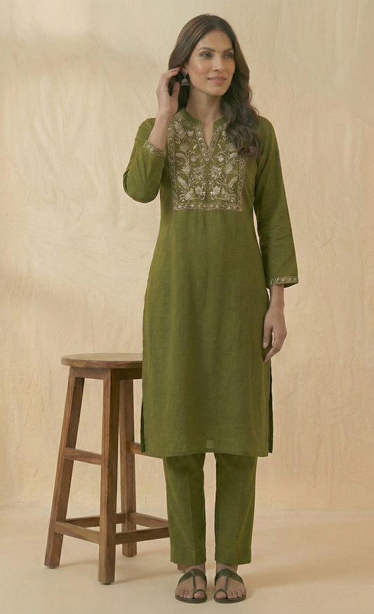 Chic Olive Textured Cotton Blend Kurta Set with Zari Embroidery