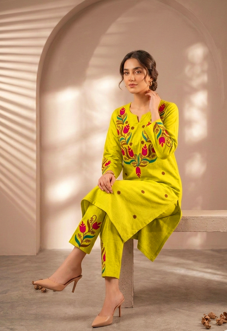 Vibrant Lime Green Tulip Aari Work Kurta & Pant Set