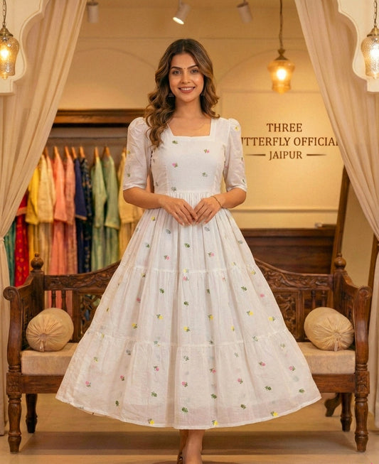Elegant White Floral Embroidered Square Neck Tiered Midi Dress