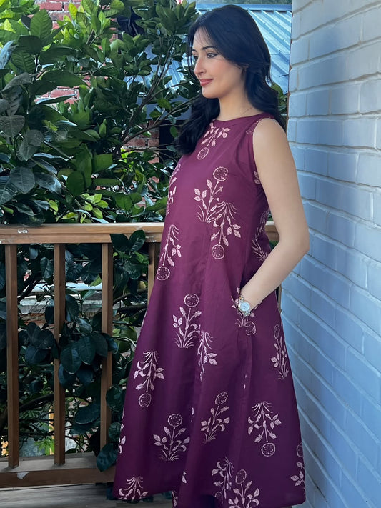 Wine & Whimsy: Maroon Floral Block Print Sleeveless Kurta Set