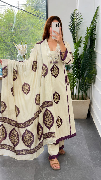 Sophisticated Beige and Plum Purple Block Print Kurta Set