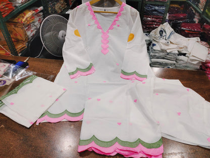 Off-White & Baby Pink Embroidered Salwar Suit Set with Scallop Borders