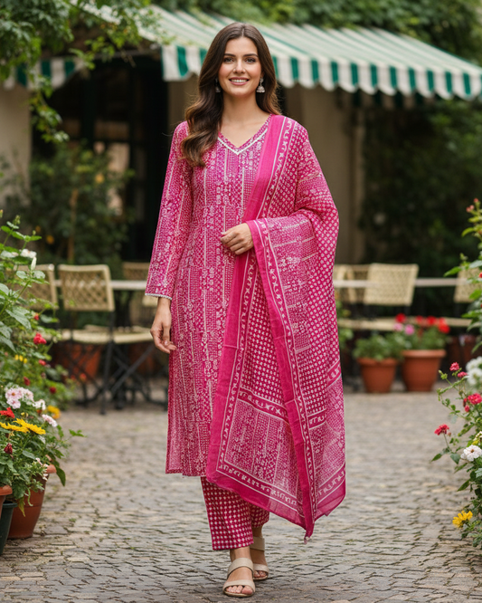 Rani Pink: Fine Printed Straight-Cut Kurta Set in Pure Cotton with Lace Detailing & Dupatta