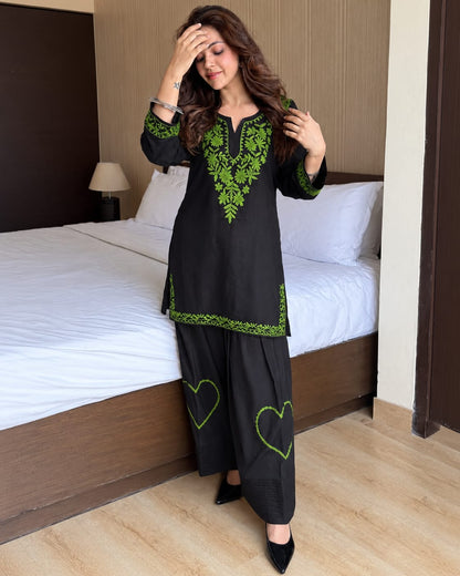 Black & Neon Green Embroidered Cotton Short Kurti with Farshi Salwar Set