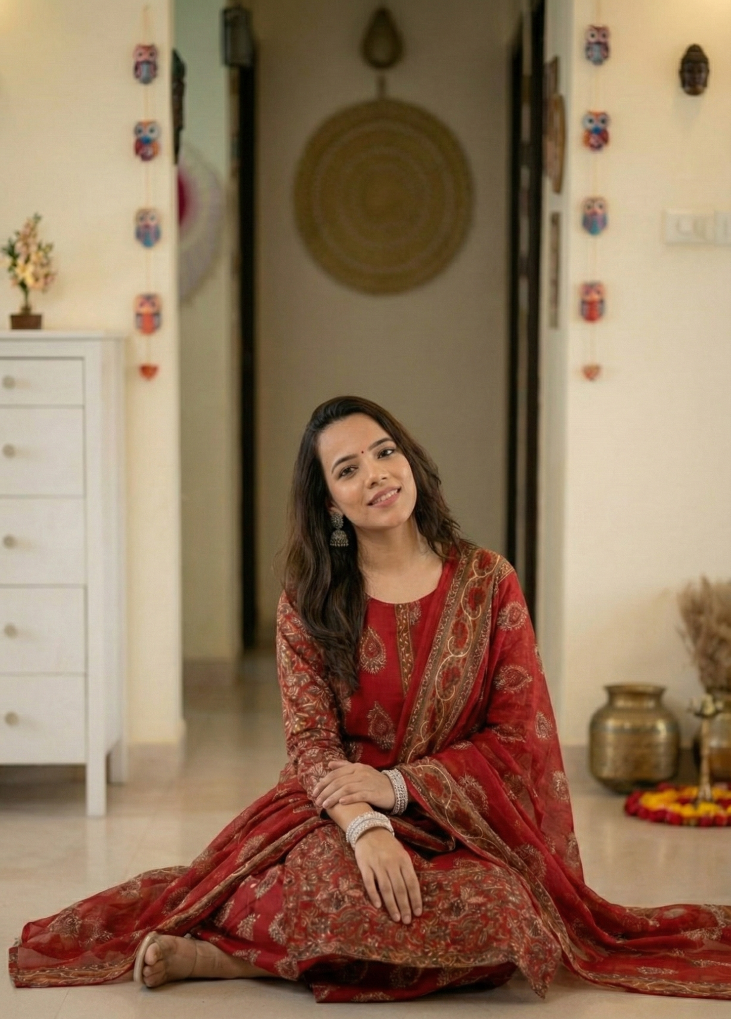 Regal Ruby: Gold Block-Printed Traditional Kurta Set with Dupatta