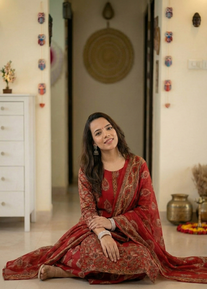 Regal Ruby: Gold Block-Printed Traditional Kurta Set with Dupatta