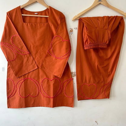 Rust Brown Heart Embroidered Cotton Short Kurti with Farshi Salwar Set