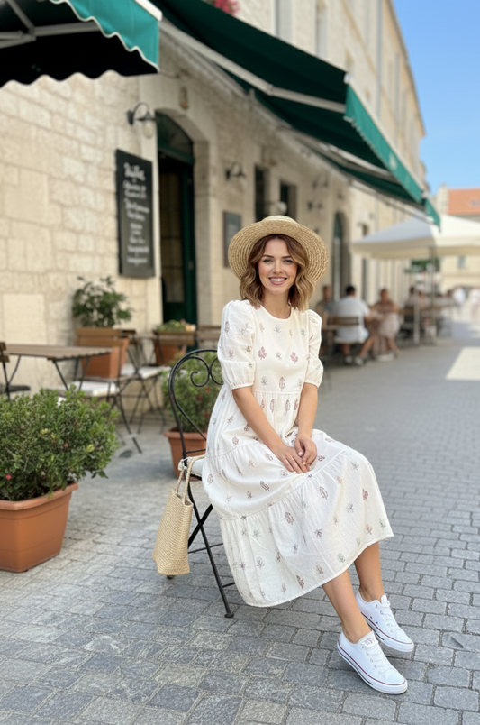 Elegant Off-White Embroidered Tiered Dress | Effortless Chic