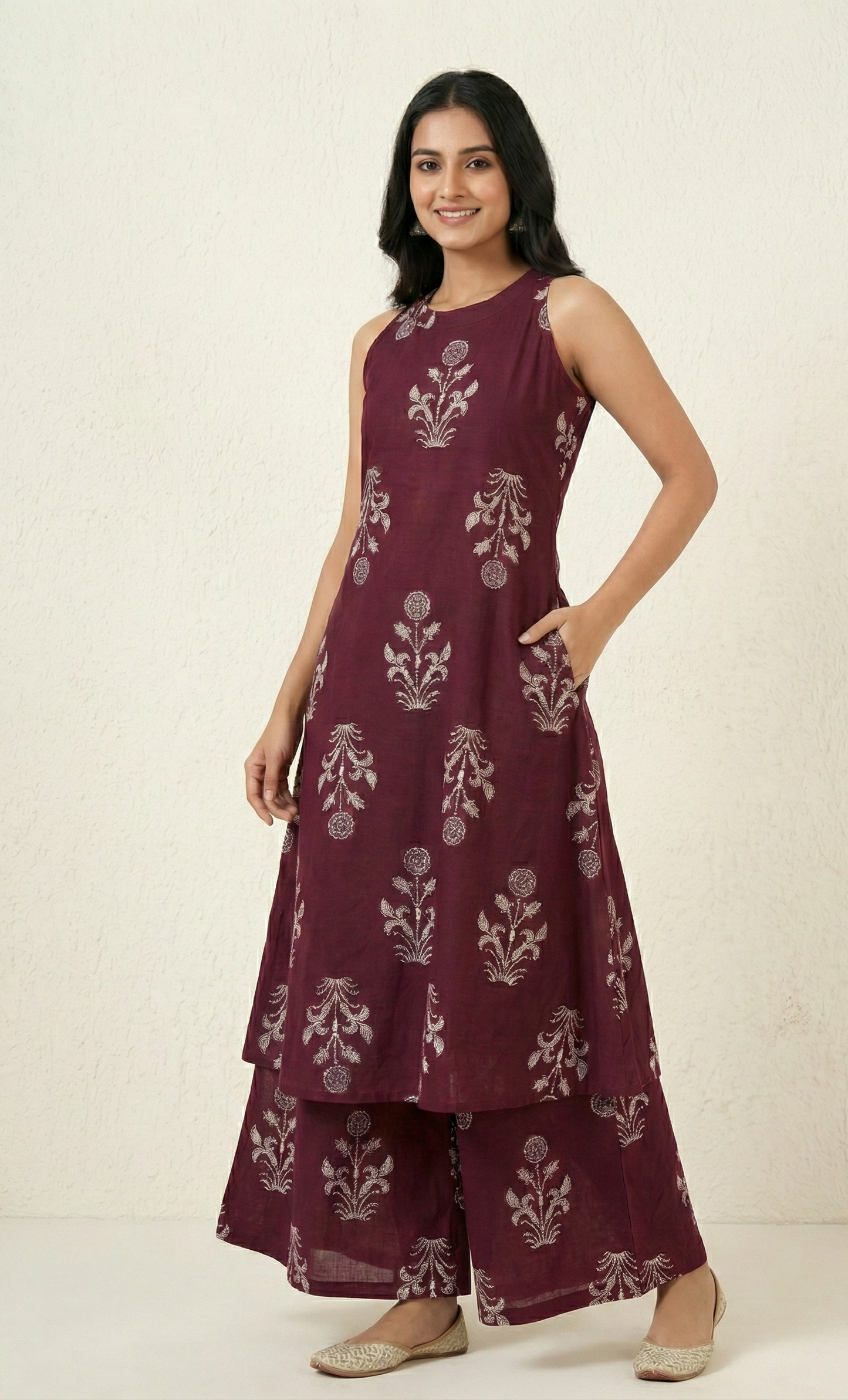 Wine Red Floral Block Print Sleeveless A-Line Kurta Set