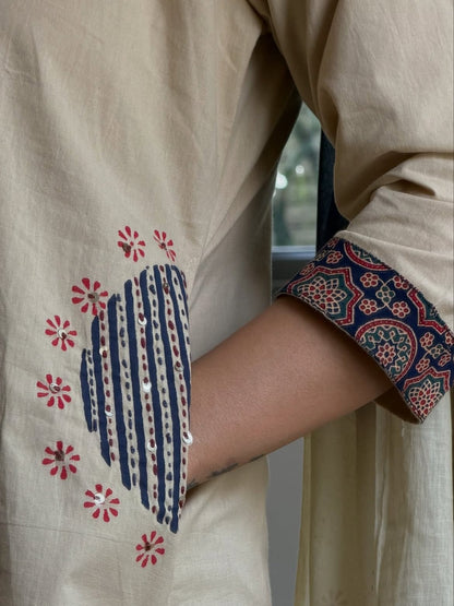 Beige Embroidered Straight Kurta with Printed Palazzo & Dupatta Set