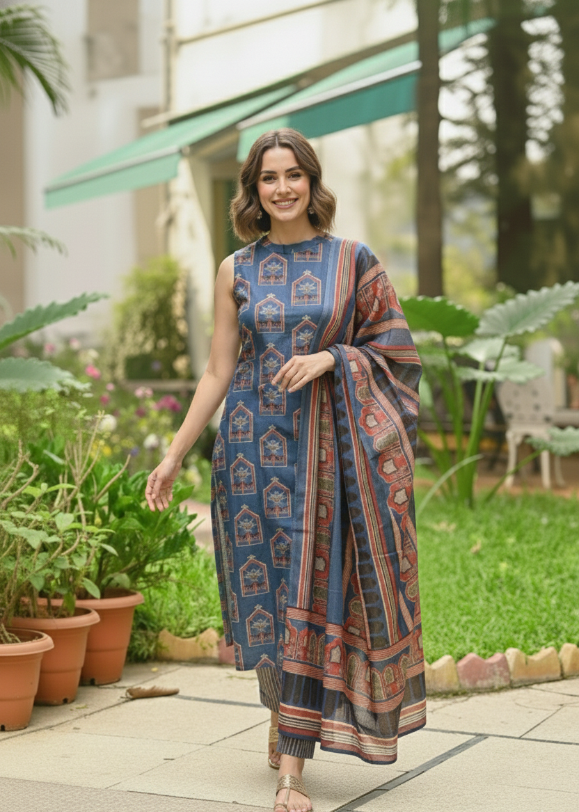 Elegant Blue Kalamkari Printed Kurta Set with Dupatta