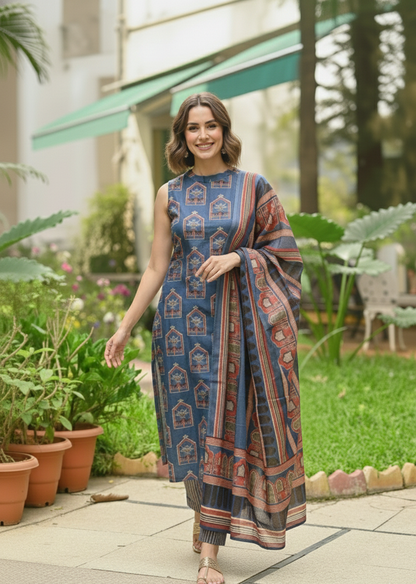 Elegant Blue Kalamkari Printed Kurta Set with Dupatta