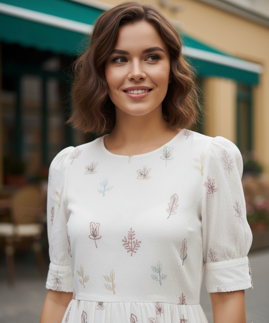 Elegant White Embroidered Midi Dress for Women | Multi-Color Leaf Motif with Puff Sleeves