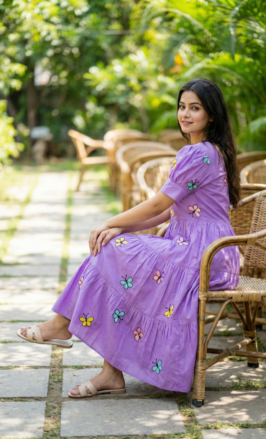Whimsical Purple Butterfly Embroidered Tiered Maxi Dress with Puff Sleeves