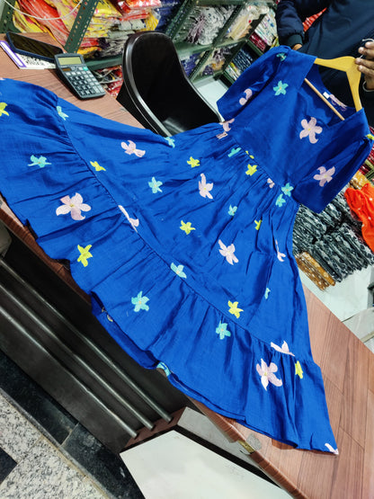 Vibrant Blue Star & Flower Embroidered Tiered Maxi Dress with Puff Sleeves