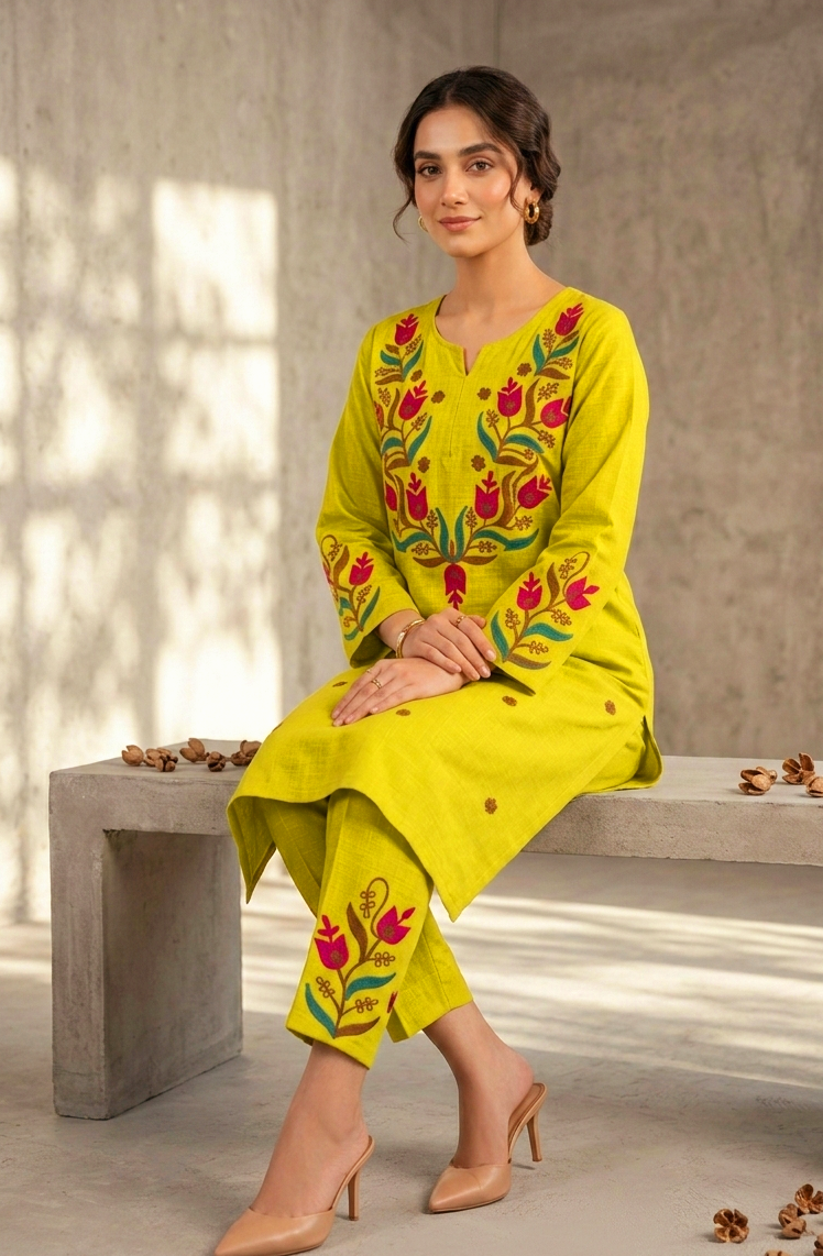Vibrant Lime Green Tulip Aari Work Kurta & Pant Set