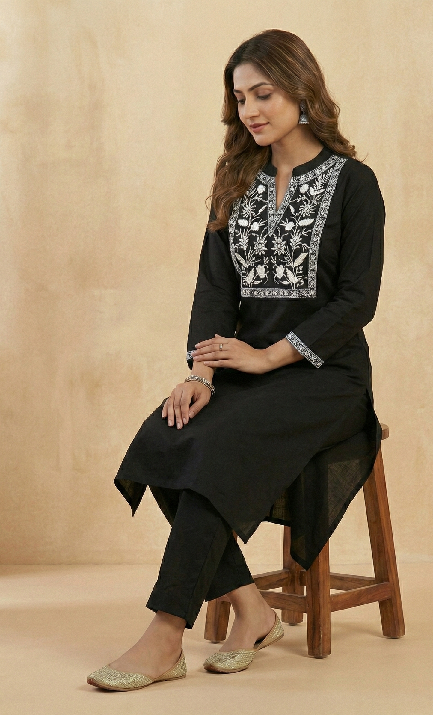 Midnight Noir: Black Straight Kurti Set with White Thread Embroidery