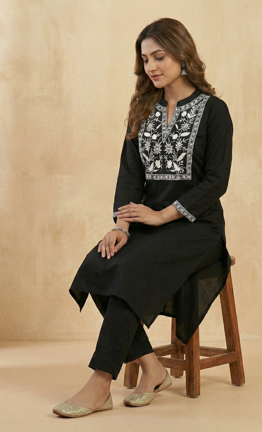 Midnight Noir: Black Straight Kurti Set with White Thread Embroidery