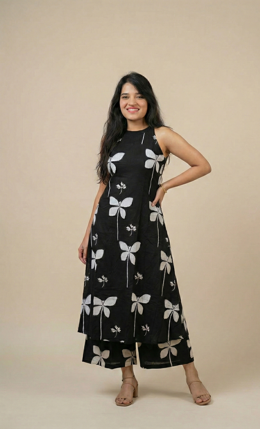Elegant Black Butterfly Print Sleeveless Kurta and Palazzo Set