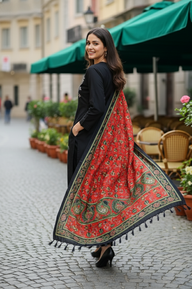 Elegant Noir: Black Straight-Cut Kurta Set with Floral Embroidery & Artisan Red Dupatta