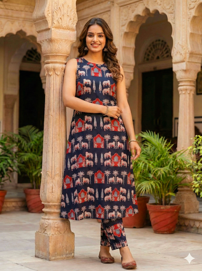 Women's Black Sleeveless Ethnic Elephant Print Kurta with Pant Set