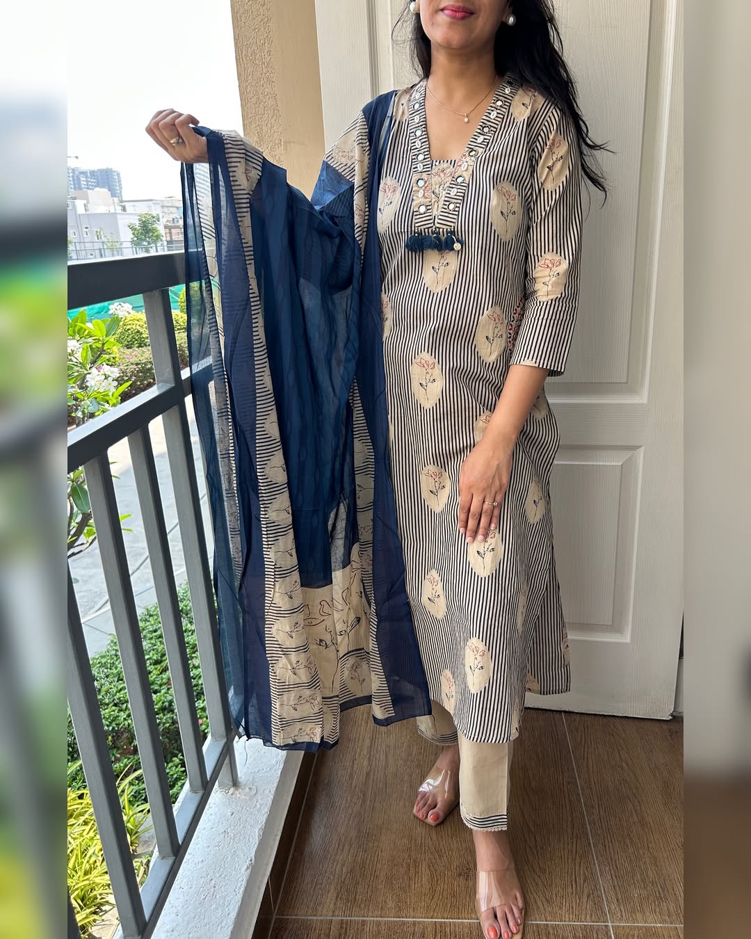 Elegant Beige Striped Kurta Set with Deep Blue Dupatta