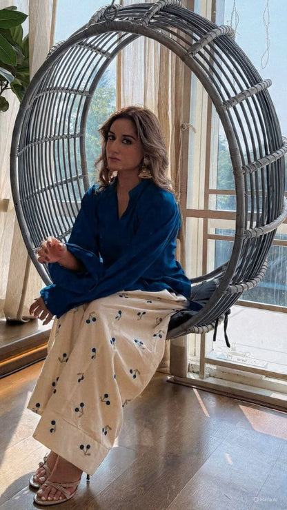 Royal Blue Straight Kurti with Blueberry-Embroidered Cream Wide-Leg Pants