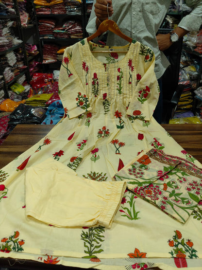 Butter Yellow Floral Printed Kurta Set with Pant and Matching Floral Dupatta
