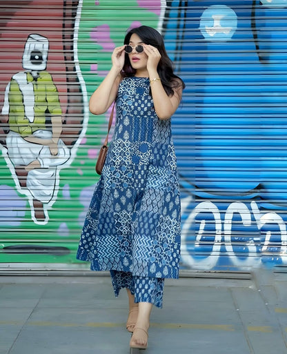 Indigo Fusion: Blue Patchwork Print Sleeveless Kurta Set