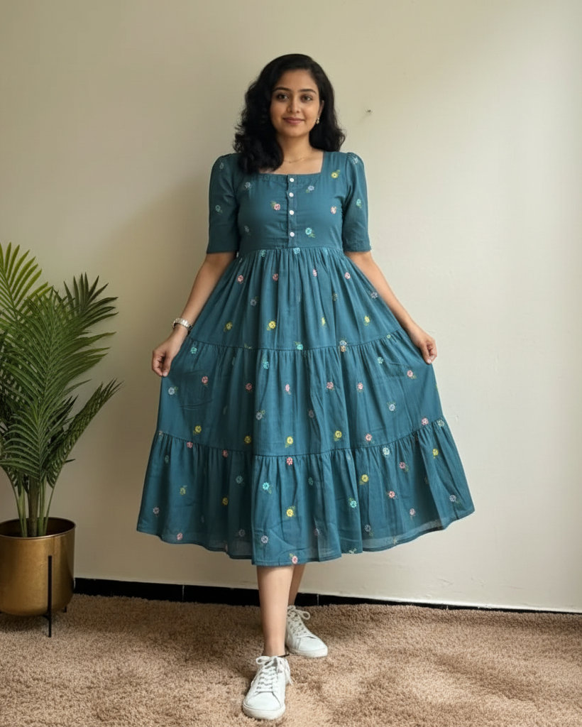 Dark-Green Midi Cotton Casual Dresses for women Embroidery Work
