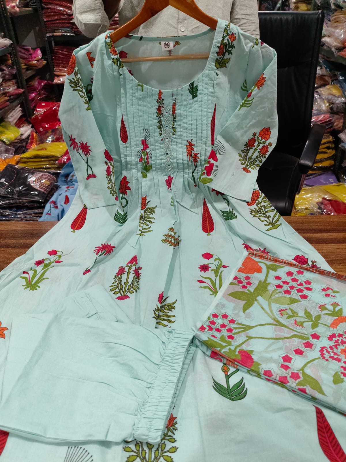 Mint Green Floral Printed Kurta Set with Pant and Matching Dupatta