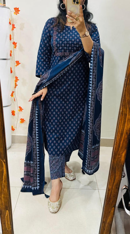 Navy Blue Bandhani & Ethnic Printed Kurta Set with Trousers and Dupatta