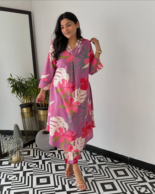 Women's Lavender Tropical Floral Print Cotton Kurta with Pant Set