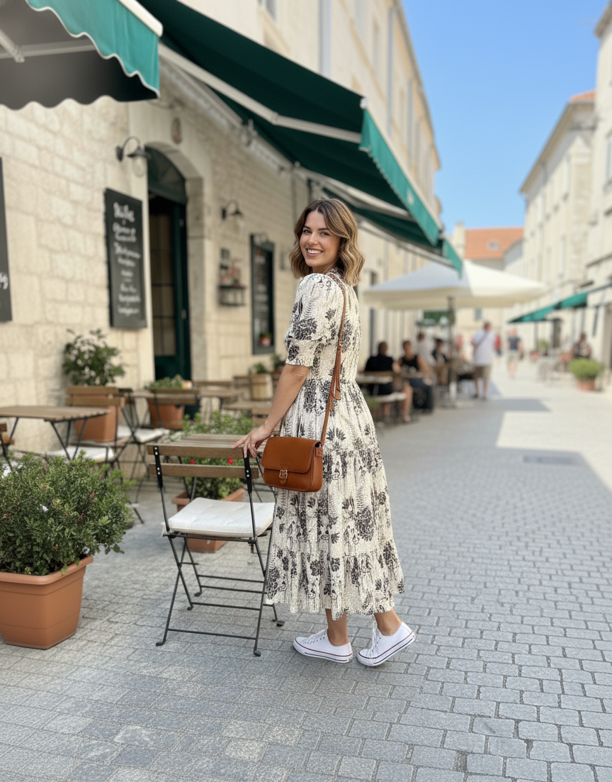 European Summer Printed Tiered Midi Dress