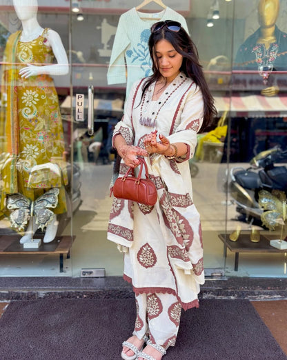 Chic Off-White and Brown Floral Block Print Kurta Set