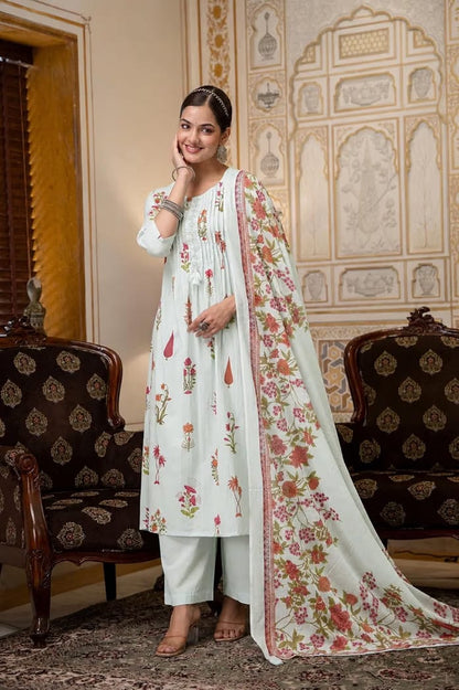 Mint Green Floral Printed Kurta Set with Pant and Matching Dupatta