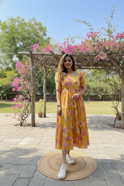 Yellow Floral Cotton Midi Dress for women