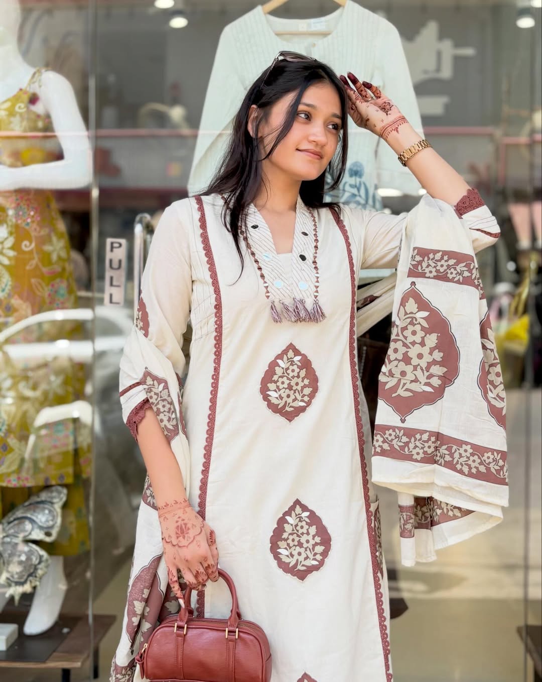 Chic Off-White and Brown Floral Block Print Kurta Set