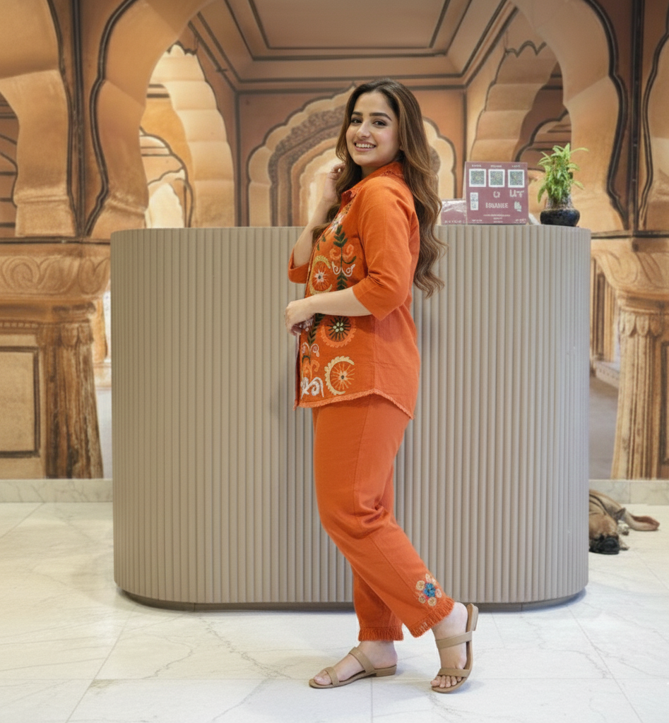 Radiant Orange Embroidered Cord Set – Festive & Fashionable