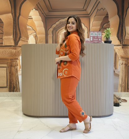 Radiant Orange Embroidered Cord Set – Festive & Fashionable