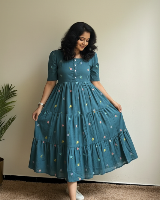 Dark-Green Midi Cotton Casual Dresses for women Embroidery Work