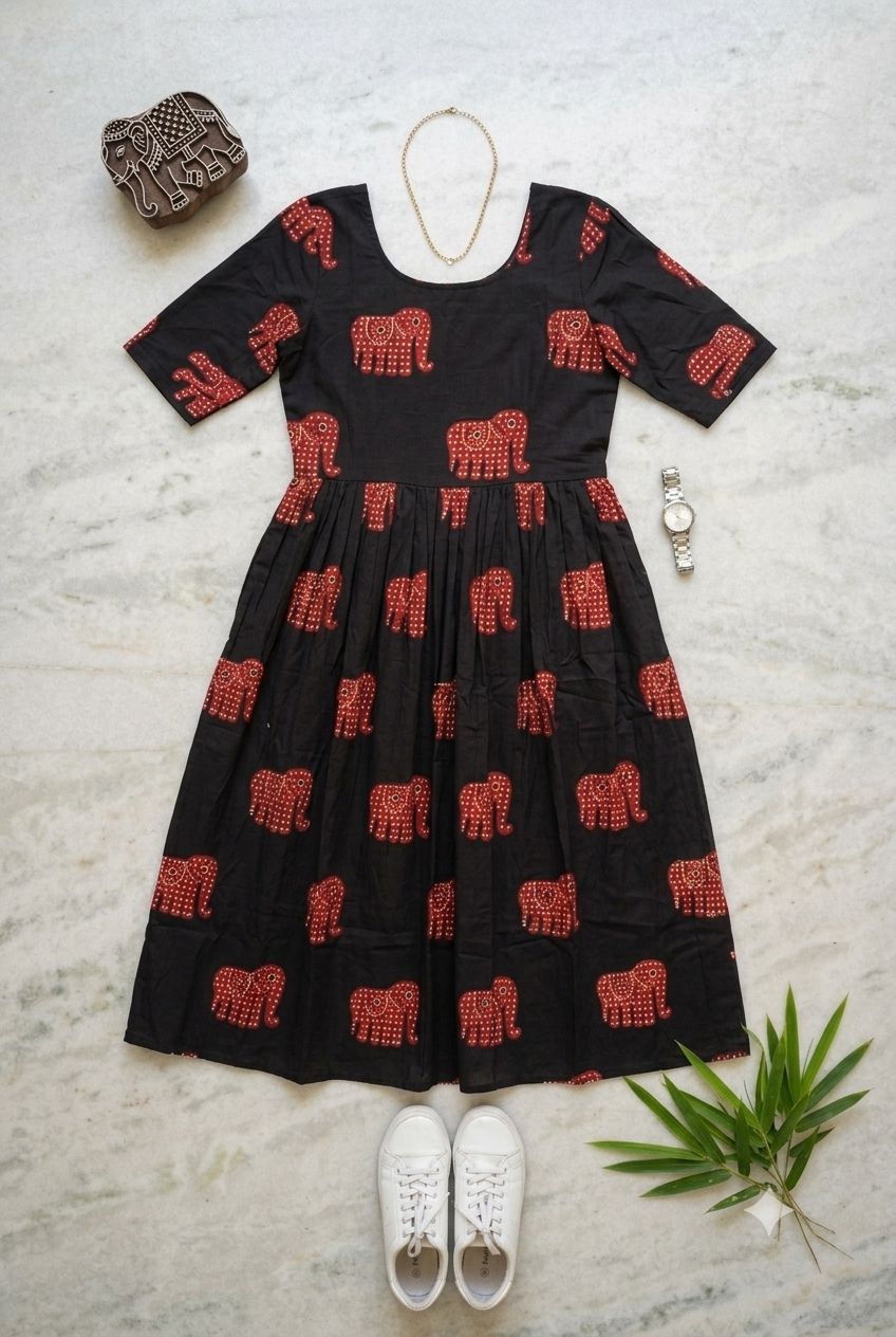 Jaipuri Elephant Block-Print Midi Gown in Classic Black and Crimson