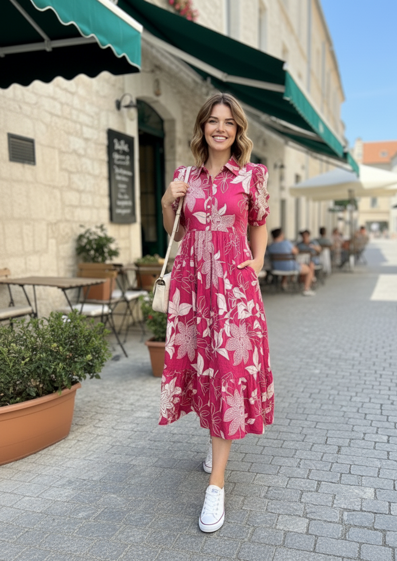 Rani Pink Floral Print Collared Tiered Midi Dress