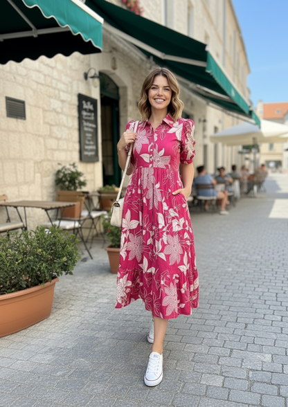 Rani Pink Floral Print Collared Tiered Midi Dress